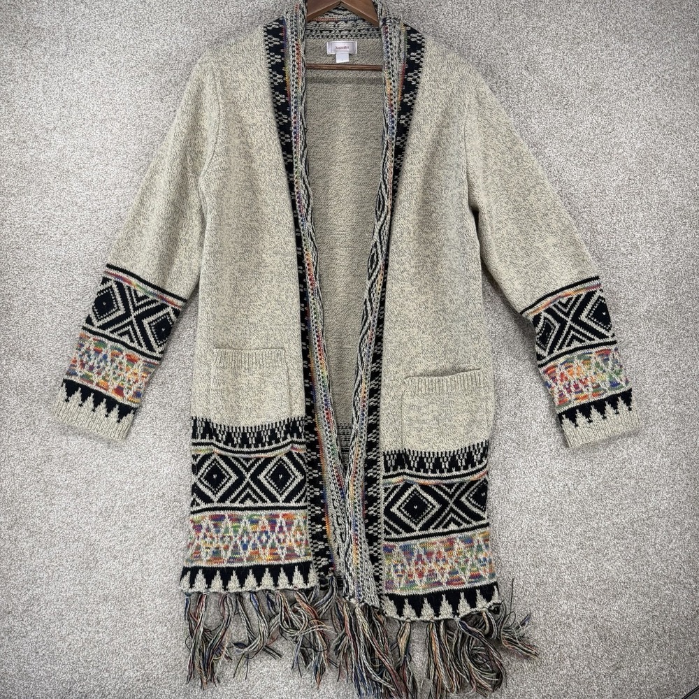 Kamana Open Front Cardigan Women's L Boho Hippie Grunge Western Fringe Pockets